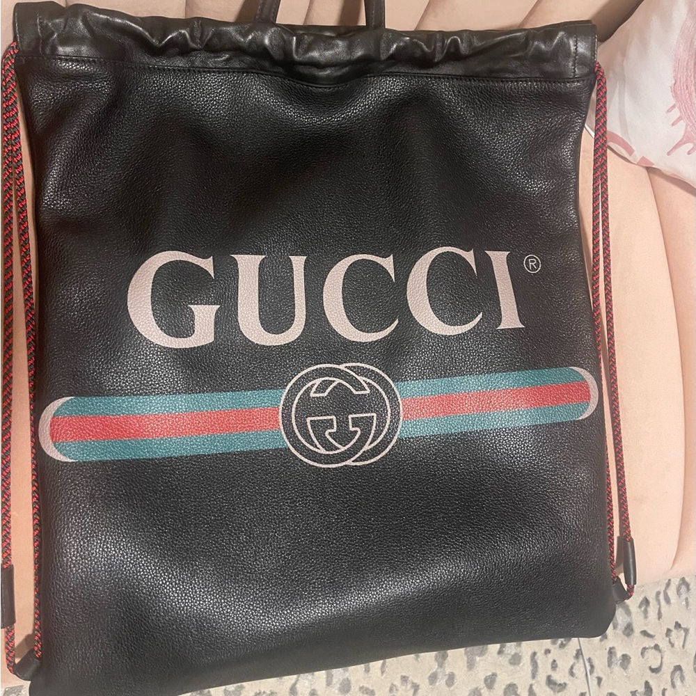 Gucci Print Leather Drawstring Backpack